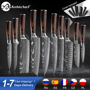 Kitchen Knives Stainless Steel 1-10PCS Set 7CR17 440C Laser Damascus Japanese Santoku Cleaver Slicing Utility Chef Knife