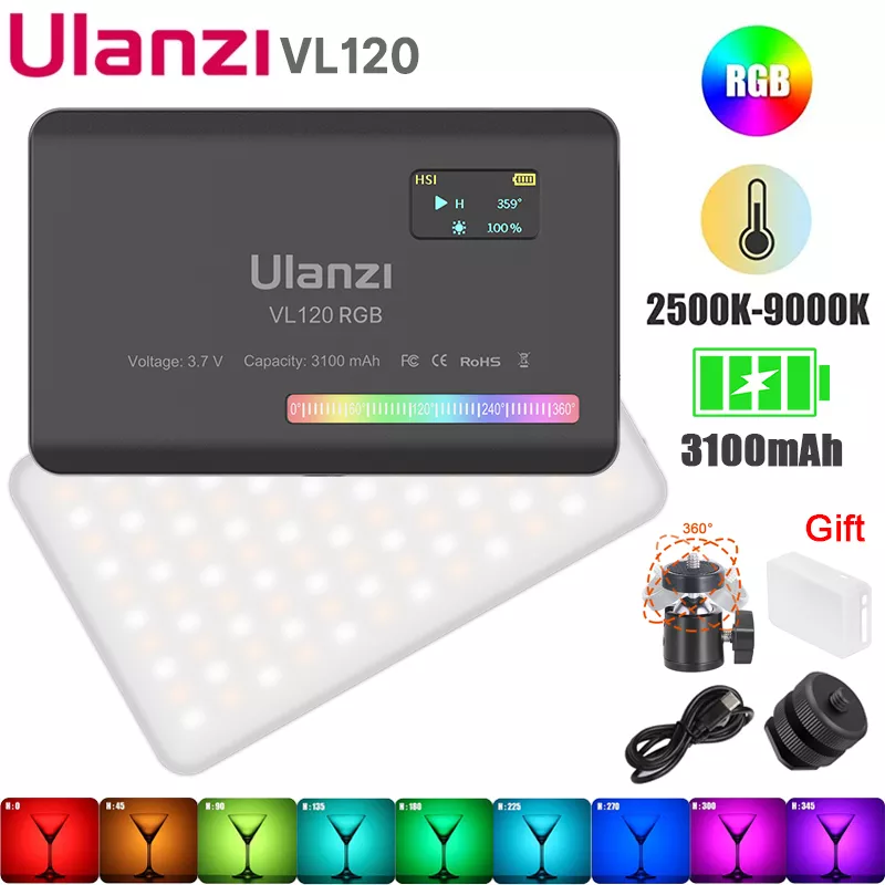 Ulanzi-VL120 Luz de Vídeo LED RGB, Luz da Câmera, Colorida, Recarregável, 3100mAh, Regulável, Painel 2500-9000K, Lâmpada do Photo Studio