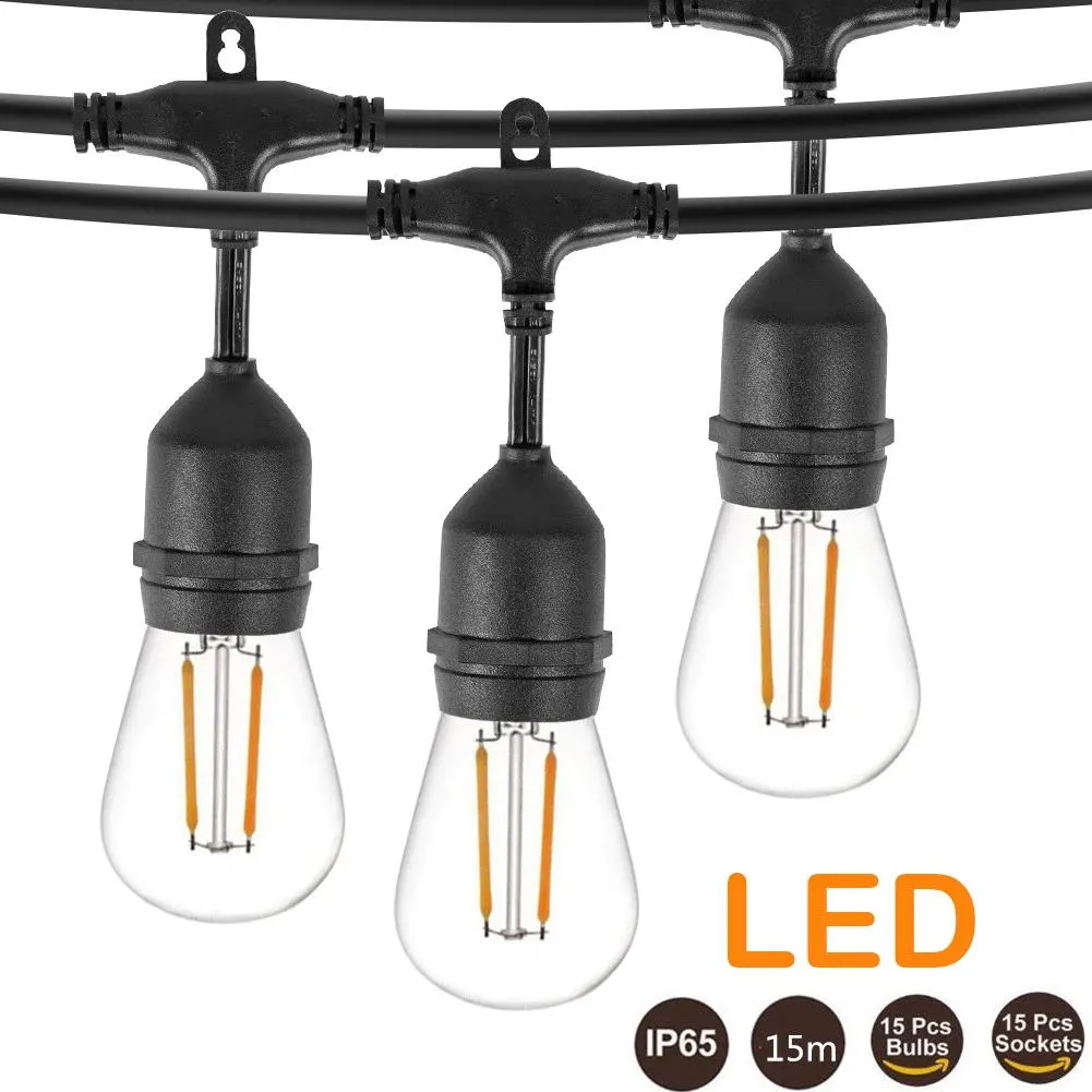 S14 LED Comercial Pátio String Light, Guirlandas LED, 15m, IP65, Decoração para Jardim de Férias, Casamento, E27