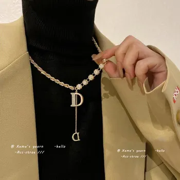 Design Sense Micro Setting Zircon D Letter Pendant Long Necklace Winter Sweater Chain Fashion Jewelry For Woman Girls Party Gift