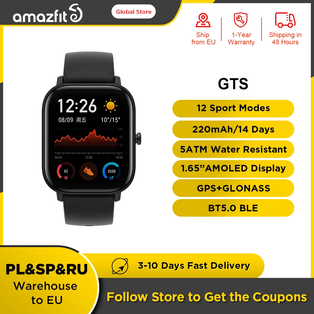 Amazfit-Smartwatch GTS impermeável para homens, 14 dias de bateria, GPS, 5ATM, original, recondicionado, moda para Android