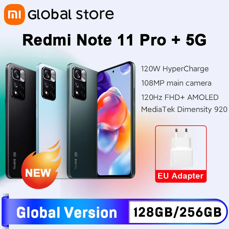 Xiaomi-Redmi Note 11 Pro, Versão Global, 5G, 128GB, 256GB, Octa-core, Dimensão 920, 120W HyperCharge, 120Hz AMOLED, 108MP