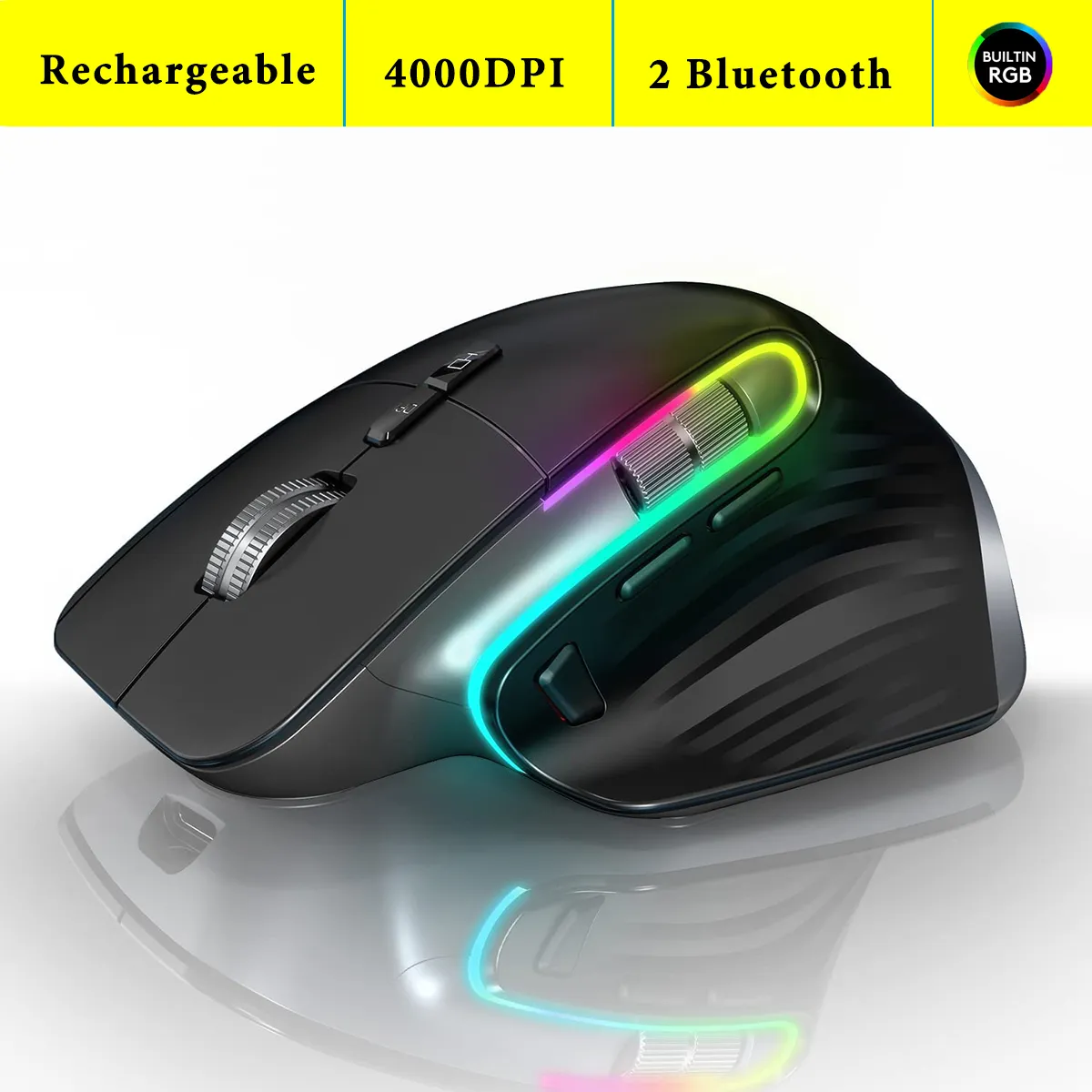 Ergonômico Bluetooth Wireless Gaming Mouse para Laptop, USB-C, RGB, Recarregável, 5 DPI, 9 Multi Button, Computador, PC, Tablet