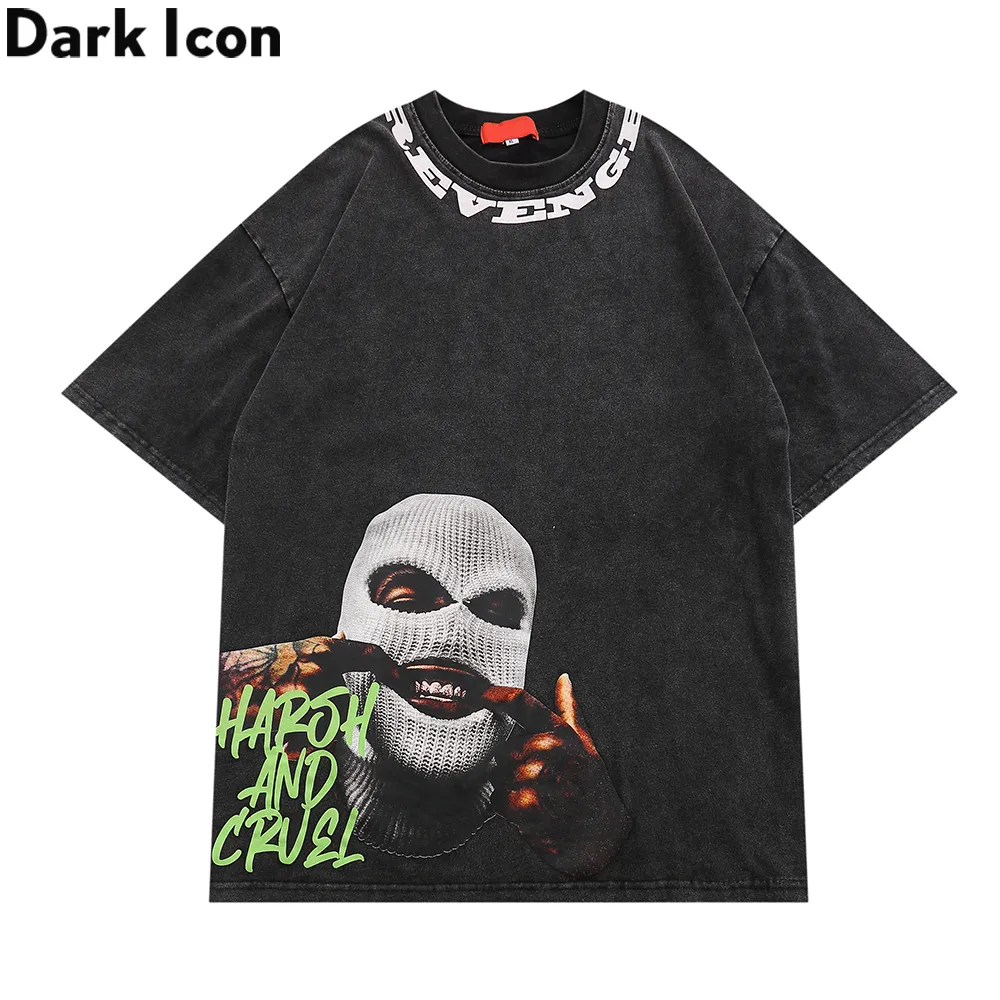 Ícone escuro masculino impresso fora do ombro camiseta, lavando algodão, rua alta, verão