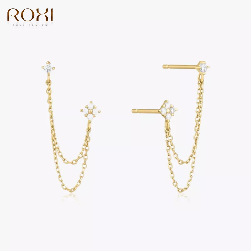 ROXI-925 brincos de prata esterlina para mulheres, corrente borla, cristal, orelha dupla, piercing, jóias, ins