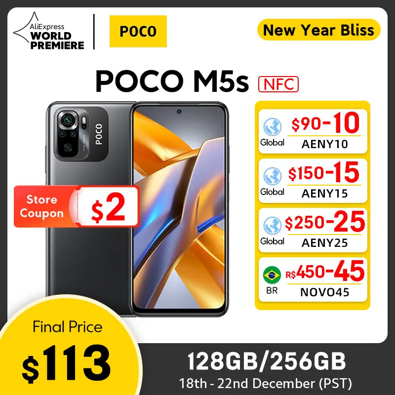 POCO M5s Versão Global NFC MTK G95 Octa Core, Câmera Quad AI de 64MP, Display AMOLED de 6,43 