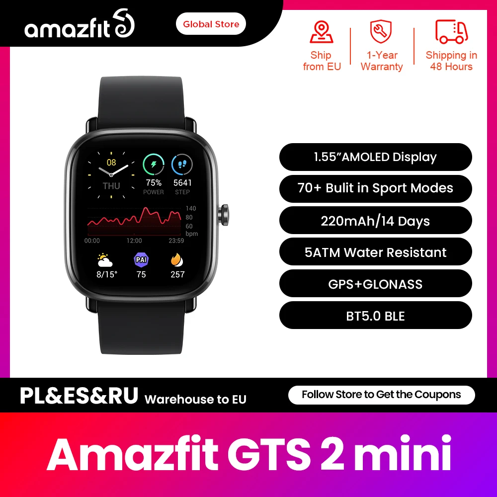 Amazfit-Mini Smartwatch GTS 2 com GPS, 70 modos esportivos, display Amoled, monitoramento de sono, relógio inteligente para Android e iOS, recondicionado