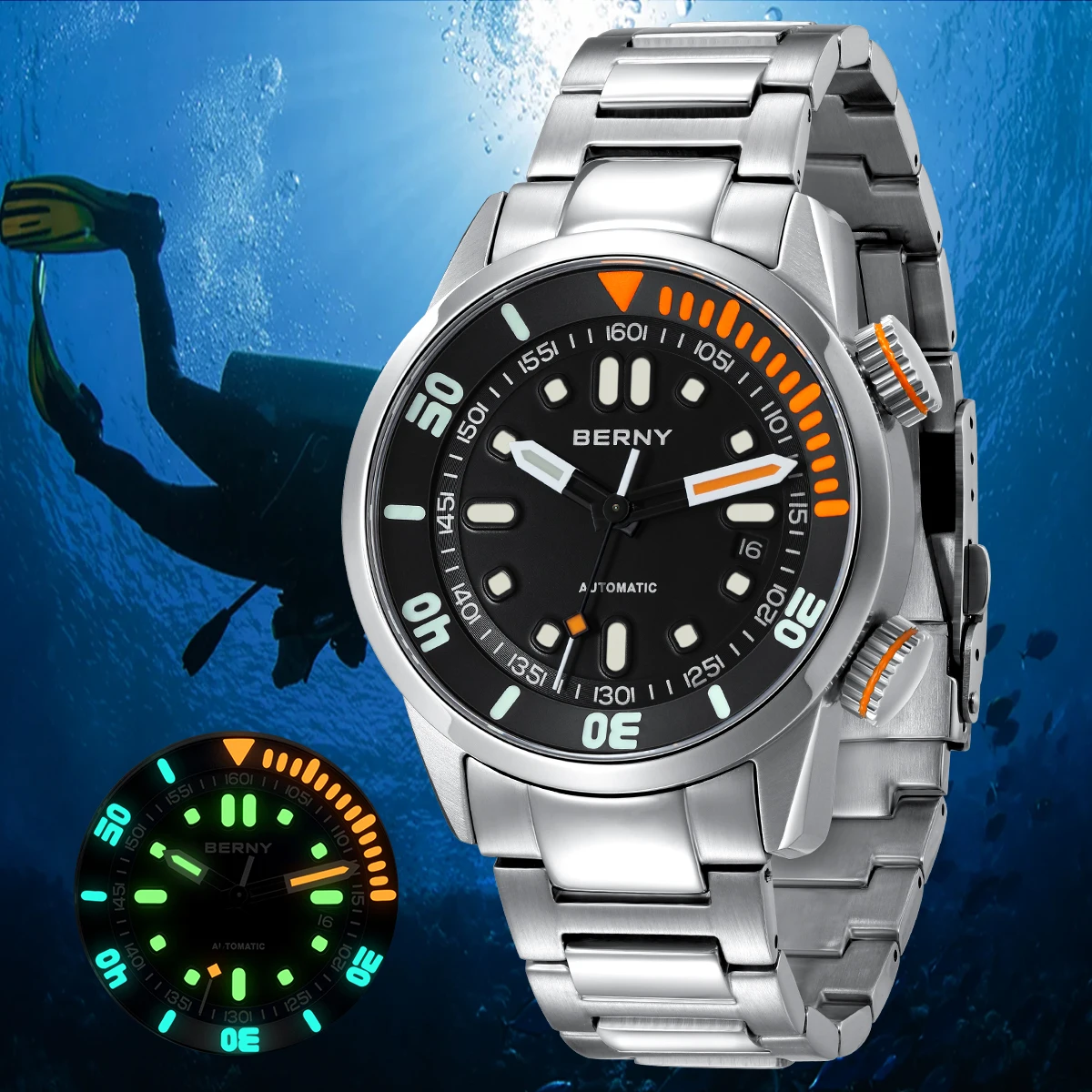 BERNY-Relógio masculino de mergulho automático, relógio de pulso Sapphire super luminoso, esporte mecânico, corda automática, Miyota 8215, 20Bar