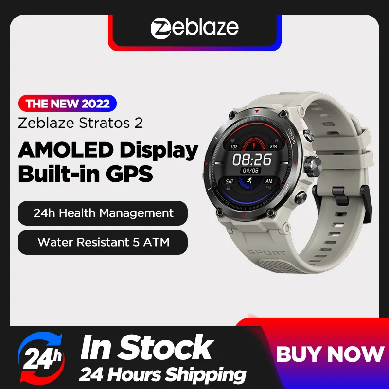 Zeblaze-Stratos 2 Smartwatch GPS Masculino, Display AMOLED, Monitor de Saúde, Resistente à Água, 5ATM, Bateria de Longa Duração, Relógio GPS Esportivo