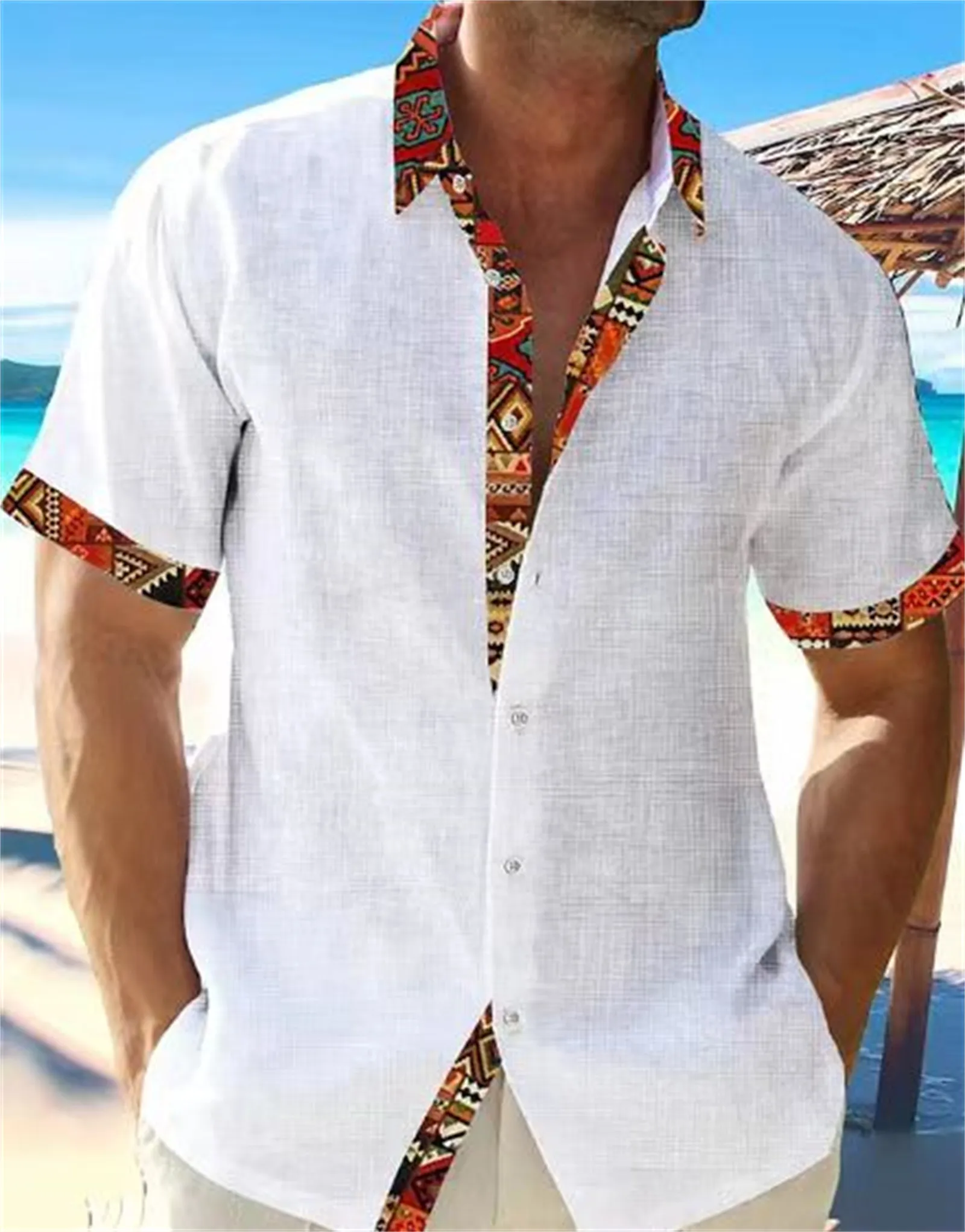 2023 Moda Verão Novos Homens de Alta Qualidade Praia Havaiana de Linho Camisa de Manga Curta dos homens Rua Sólida Top Plus Size