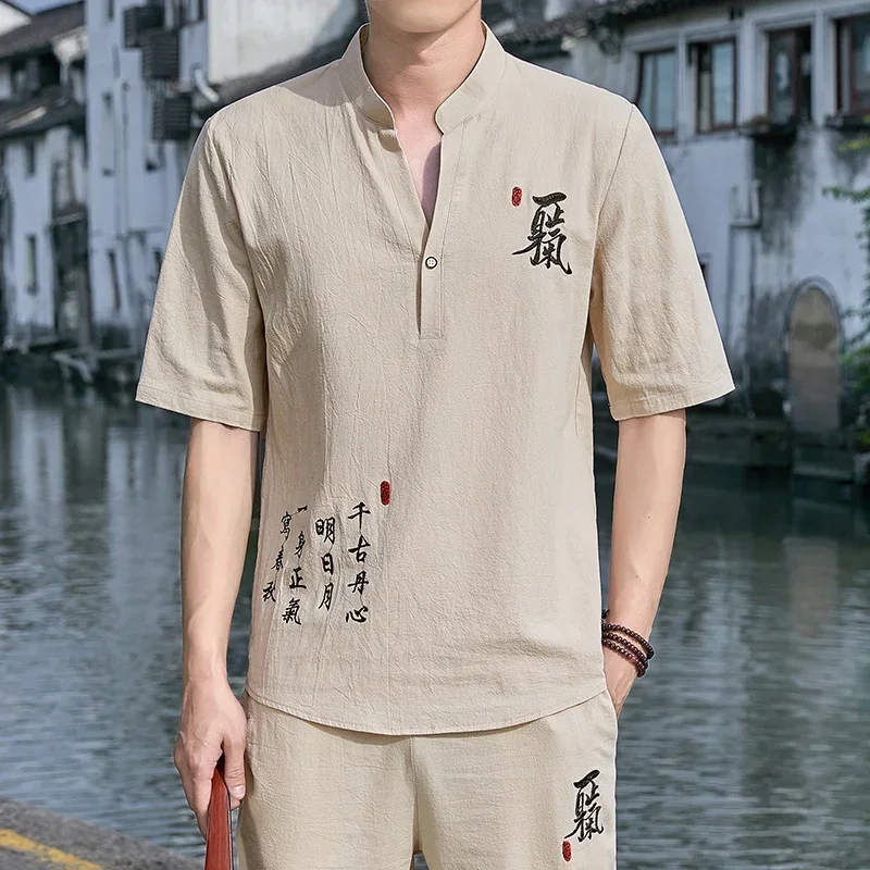 Conjunto de linho bordado hanfu masculino, estilo chinês, terno masculino, tradicional tang, kung fu, top taichi, calça de algodão, verão