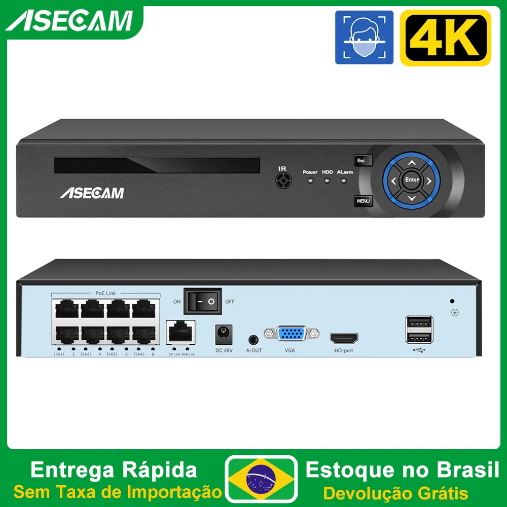 Super 8MP POE NVR Gravador camera de segurança IP H.265 Sistema ONVIF Rede Detecção de Rosto P2P Áudio Câmera de Vigilância de Vídeo RTSP