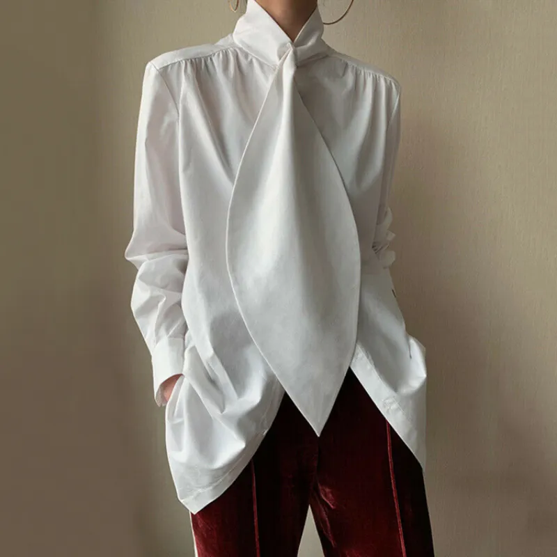 Freeacy-blusas monocromáticas de mangas compridas com gola alta para mulheres, camisa de escritório elegante, tops soltos para urbano, preto e branco, novo, 2023