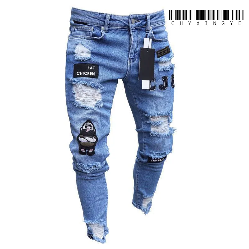Jeans de algodão rasgado para homens, calças jeans elásticas, slim fit, bordado branco, calças de jogging casual, hip hop, 2023
