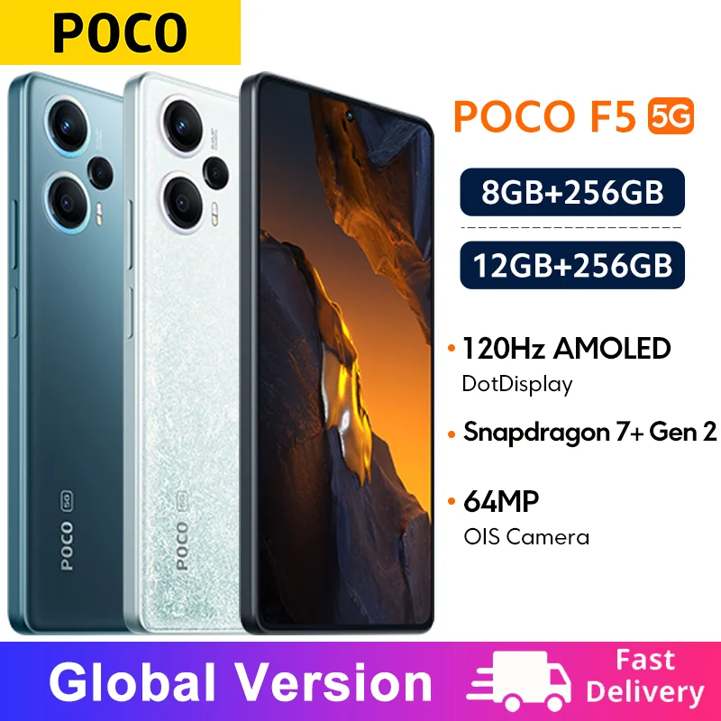 POCO-F5 Câmera Tripla 5G com Octa Core, Versão Global, Snapdragon 7 +, Gen 2, 120Hz, AMOLED DotDisplay, 64MP, 67W, OIS, NFC