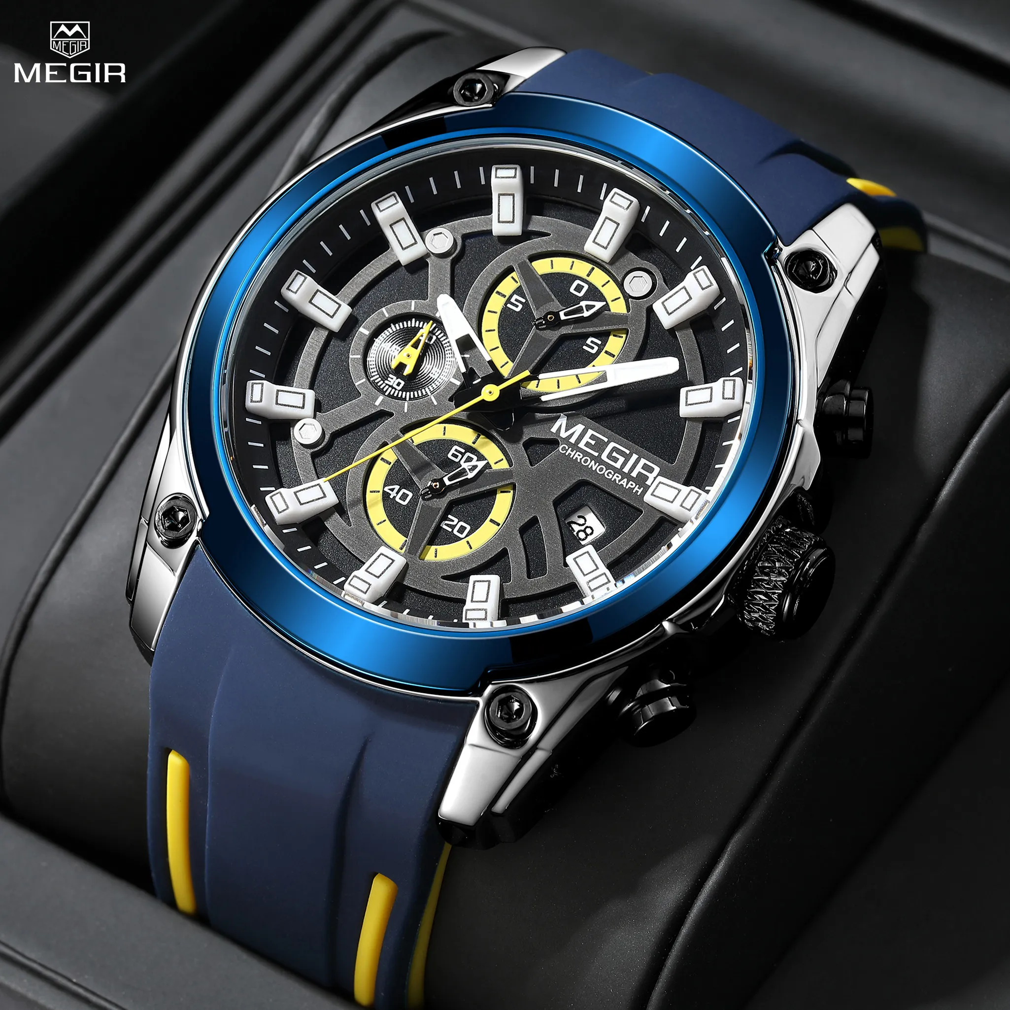MEGIR-azul original esporte relógios para homens, top luxo cronógrafo relógio de pulso, relógio de quartzo militar, grande mostrador luminoso