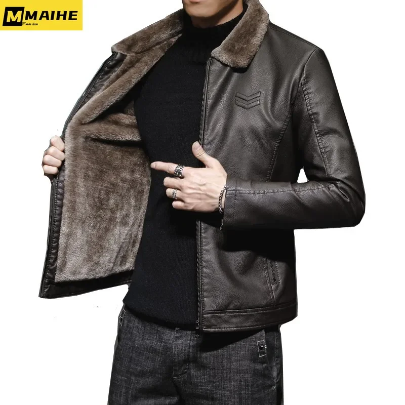 Novo grosso marrom jaqueta de couro dos homens inverno outono jaqueta masculina moda gola de pele do falso à prova de vento quente casaco masculino roupas marca