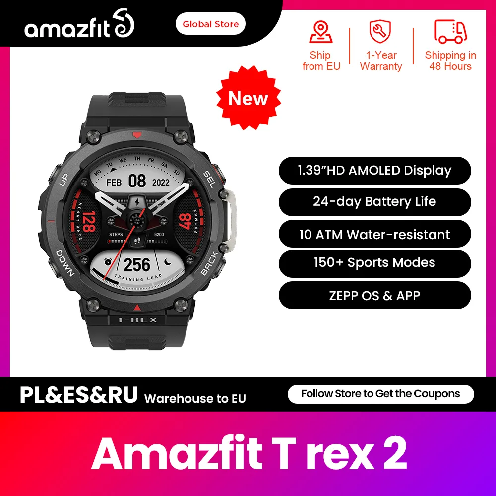 Smartwatch ao ar livre Amazfit-T Rex 2, nova versão global, mais de 150 modos esportivos integrados, bateria de 24 dias, relógio inteligente para Android e iOS