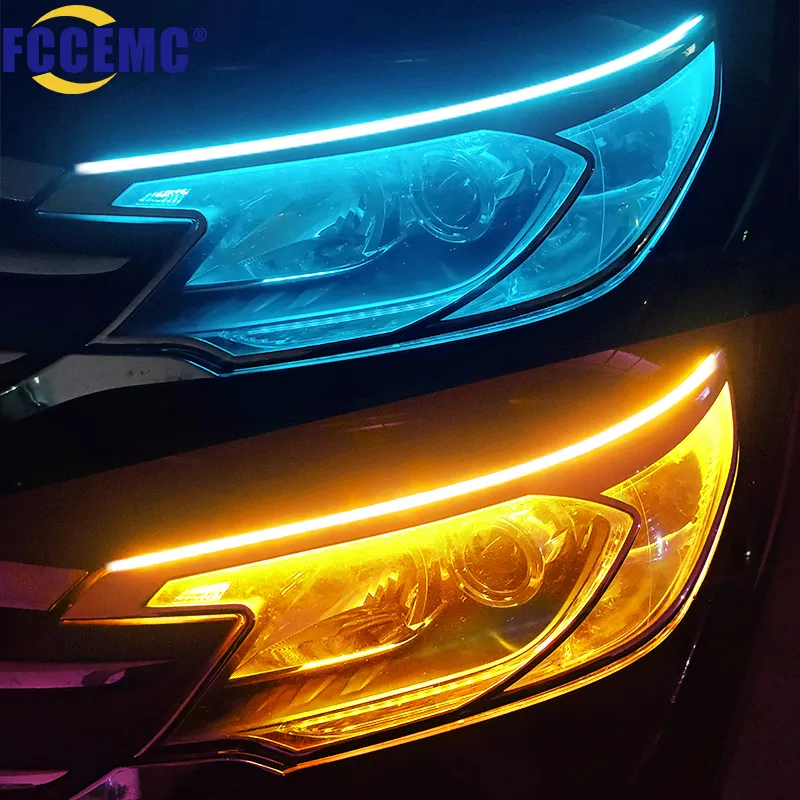 LED DRL Car Daytime Running Light, tira impermeável flexível, faróis automáticos, branco Turn Signal, amarelo luzes de fluxo de freio, 12V, 2Pcs
