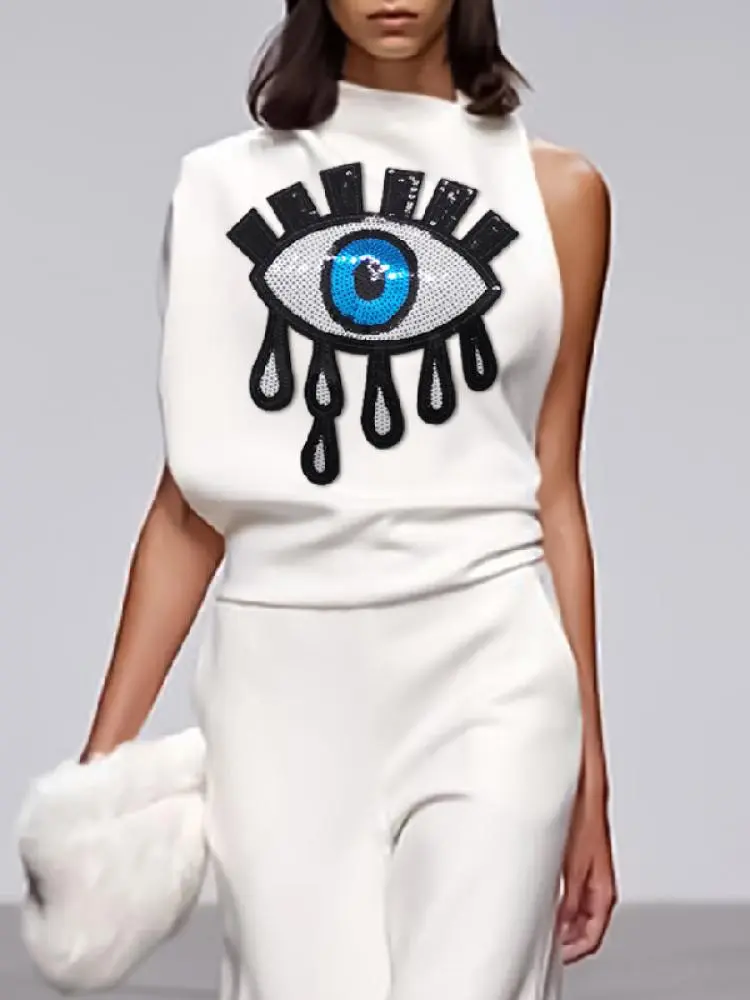 Freeacy-Olhos elegantes femininos estampados sem mangas tops assimétricos, camiseta feminina, camisa casual de streetwear diária, verão, novo, 2023