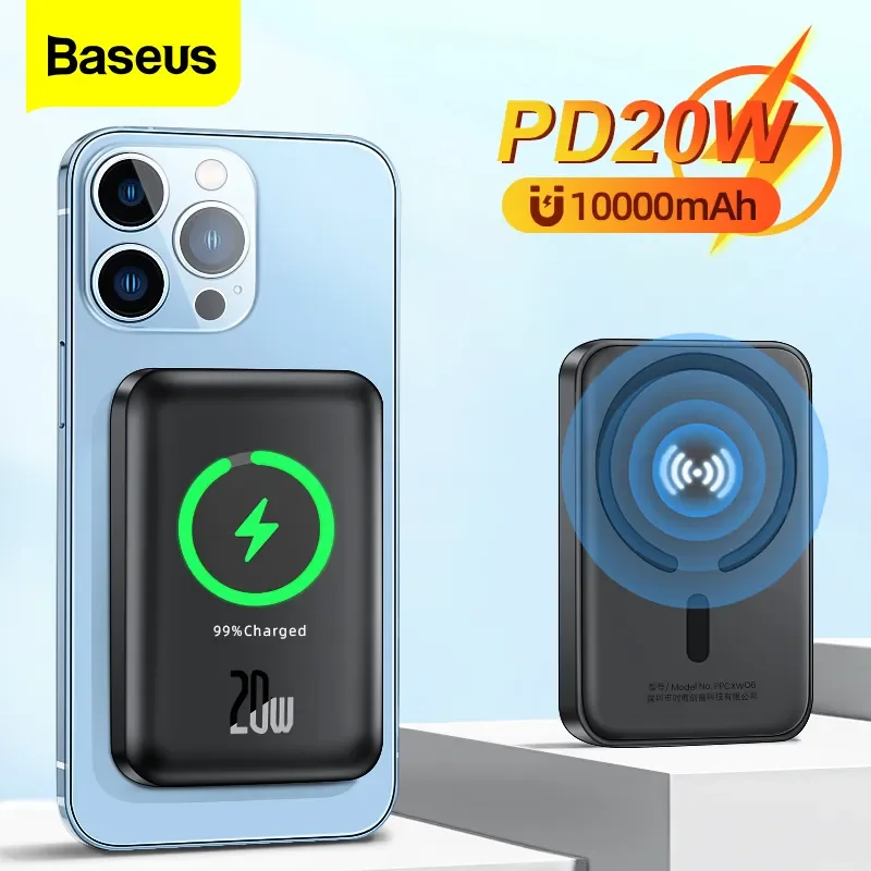 Baseus-Banco de Energia Magnética Sem Fio, Mini Bateria Externa Portátil, Carregador para iPhone 12, 13, 14 Pro, 10000mAh, 6000mAh