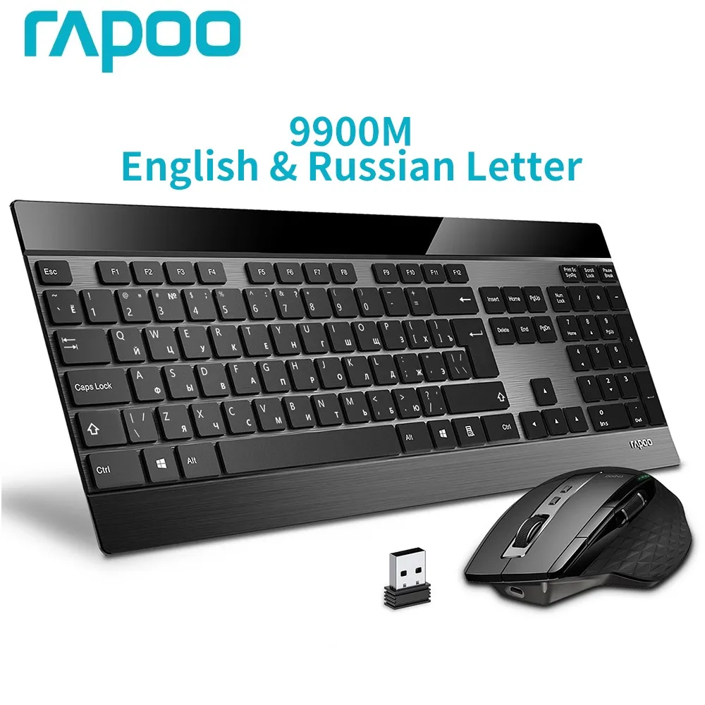 Rapoo 9900m teclado russo ultra-fino e mouse combinação multi-modo bluetooth teclado silencioso sem fio recarregável laser mouse