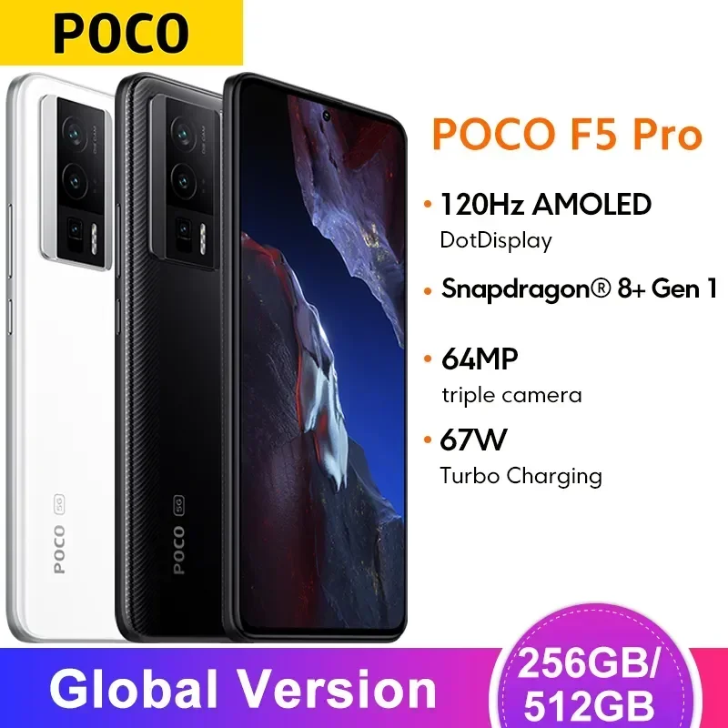 POCO-F5 Pro Snapdragon, versão global, 5G, 256GB, 512GB®Câmera de exibição NFC AMOLED Dot, 8 Plus Gen 1, 64MP, WQHD + 120Hz, 6,67