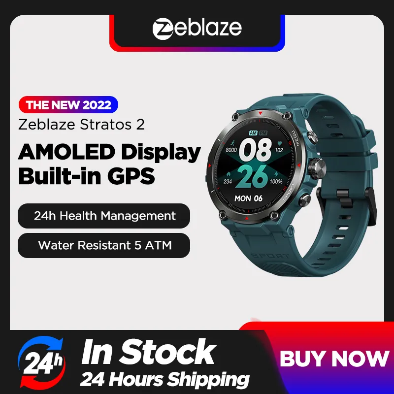 Zeblaze-Smartwatch Stratos 2, GPS, Display AMOLED, Monitoramento de integridade 24h, Resistente à água, 5 ATM, Bateria de longa duração, 2022