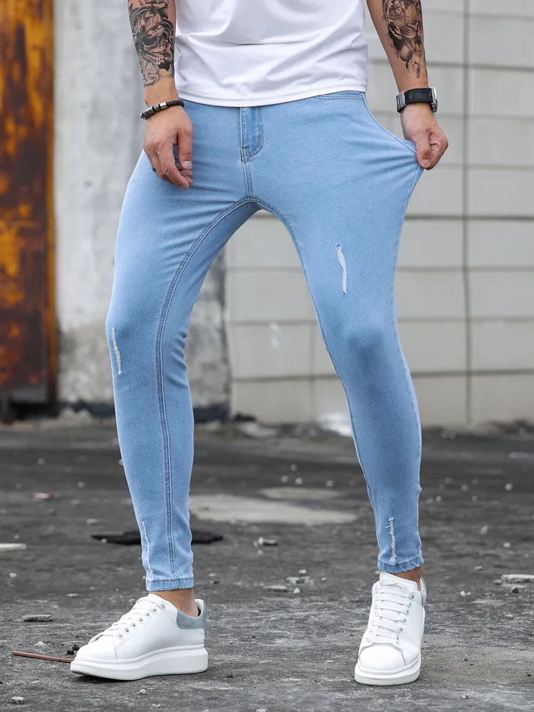 Streetwear Jeans dos homens Rasgado Skinny Hip Hop Homem Moda Estroyed Oversize Calças Cor Sólida Masculino Stretch Casual Calças Denim