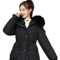 Parkas curtas para mulheres, casaco de algodão, gola de pele, com capuz, grossa, quente, moda coreana, novo, inverno, 2023