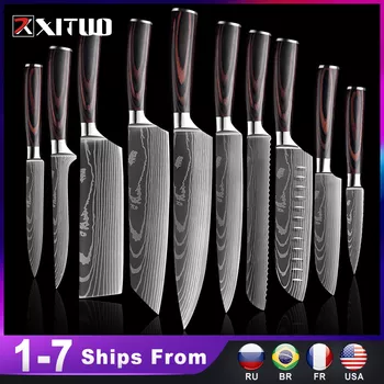 XITUO Chef knife 1-10 Pcs Set Kitchen Knives Laser Damascus Pattern Sharp Japanese Santoku Knife Cleaver Slicing Utility Knife