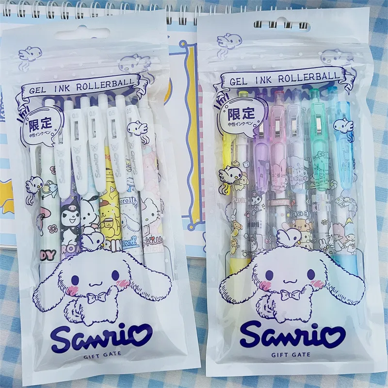 Sanrio Cinnamoroll Conjunto de Canetas Gel, Bonito Olá Kitty Dos Desenhos Animados, Caneta preta, Escola Estudante Papelaria Suprimentos, Presente Kawaii, 0.5mm, 6Pcs Set