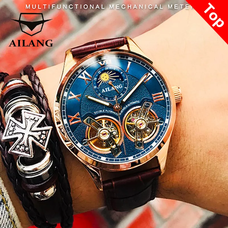 AILANG-Duplo volante relógio mecânico automático masculino, Design original, moda, lazer, negócios, luxo, relógio