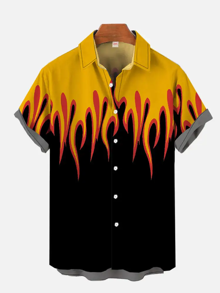 Camisa havaiana estampada em chama 3D masculina, manga curta, lapela, com botões, casual, praia, férias, moda, verão