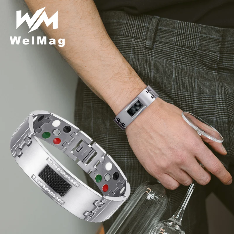 WelMag-Pulseiras de titânio para homens, pulseiras magnéticas Turmalina Germânio, Jóias Saúde Masculina, Requintada Pulseira de Cristal, Moda