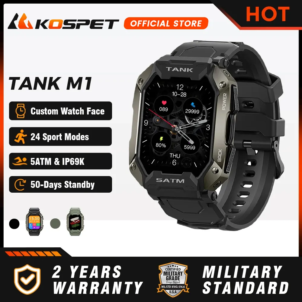 2023 KOSPET TANK M1 Relógio inteligente militar masculino Relógio inteligente para mulheres Preto Azul Monitor de freqüência cardíaca 5ATM IP69K À prova d'água Bluetooth 5.0 Fitness Relógios esportivos masculinos