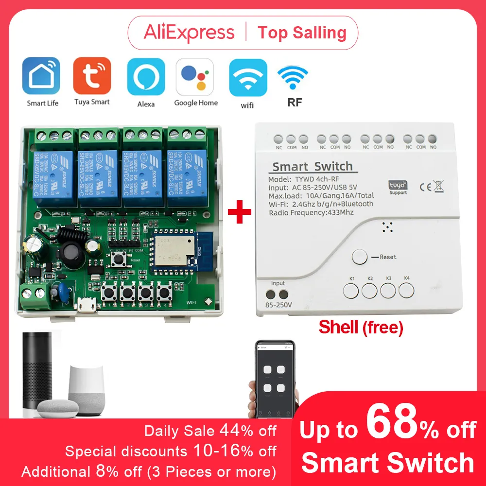 Tuya Módulo Wi-Fi Inteligente Interruptor de Controle Remoto, Receptor RF, Relé Inclui Concha Livre, USB, 220V, 5V, 12V, 24V, 85-250V, 10A