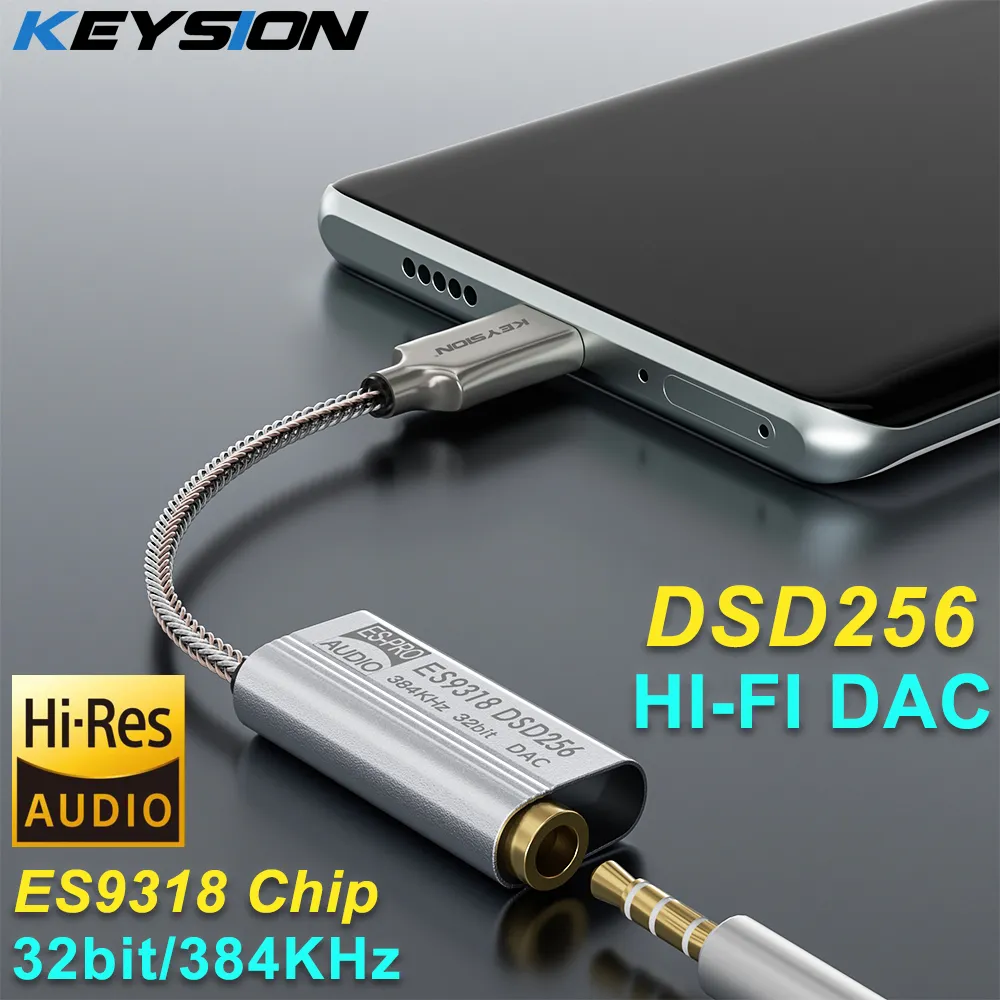 Keysion-DSD256 Amplificador de fone de ouvido DAC HiFi, USB Tipo C para 3.5mm, Adaptador De Áudio, 32bit, 384kHz, Decodificador Digital para iPhone 15 Pro